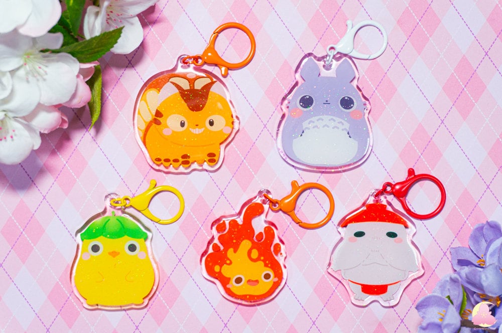 Animal Keychains, Cute keychains, kawaii keychains, Gray Rabbit keychain, yellow duck, radish keychain, fire keychain