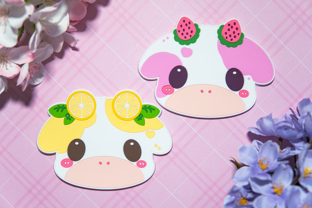 Cow coaster, Cute coaster, Strawberry cow, lemon cow, cute cow coaster, kawaii coaster, pvc coaster, Cute desk coaster, cow kawaii