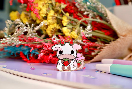 Strawberry Cow and Frog Enamel Pins