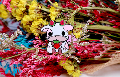 Strawberry Cow and Frog Enamel Pins