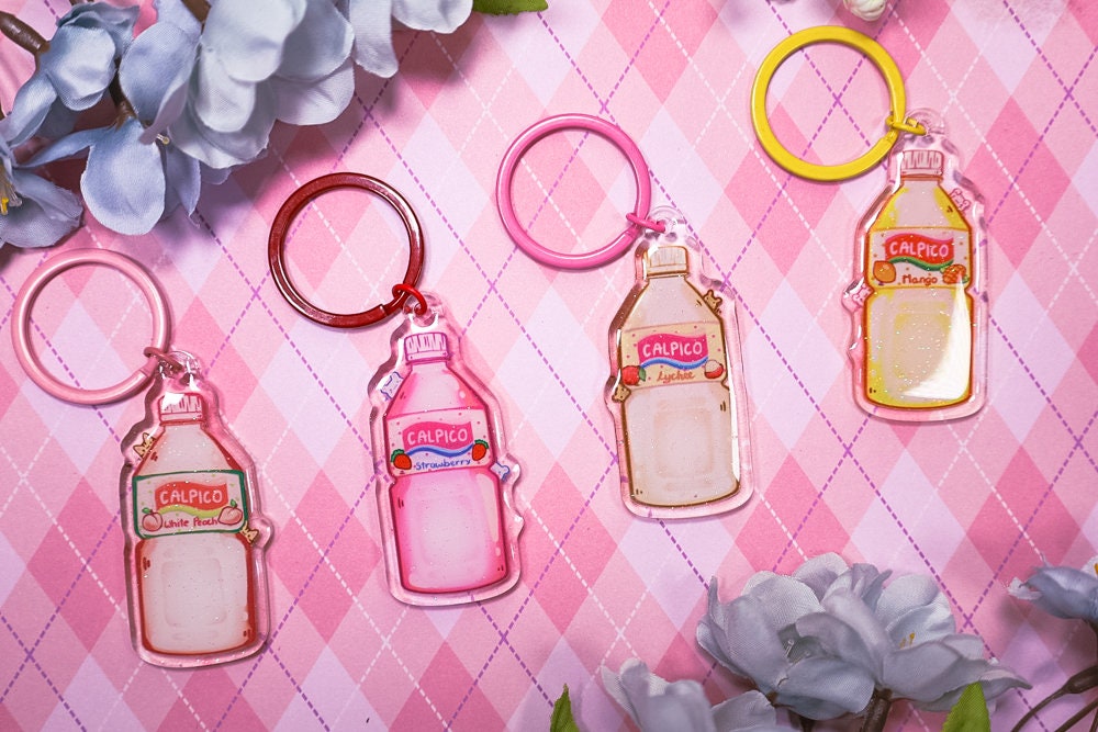 Calpaco Flavor Keychains, Cute keychains, cherry blosom keychain, Strawberry, Peach, Mango, Lychee, kawaii keychains
