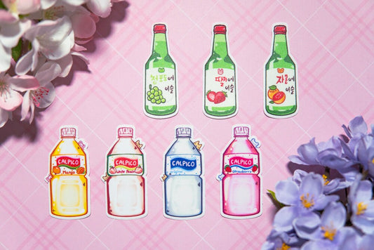 Cute drinks Vinyl Waterproof, UV light resistance, matte stickers, calpico stickers, soju stickers, kawaii stickers, journaling sticker