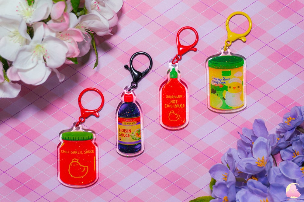 Sauces Keychains, Cute keychains, kawaii keychains, Chicken sauce keychain, Asian food keychain, Asian sauces, seasoning keychain