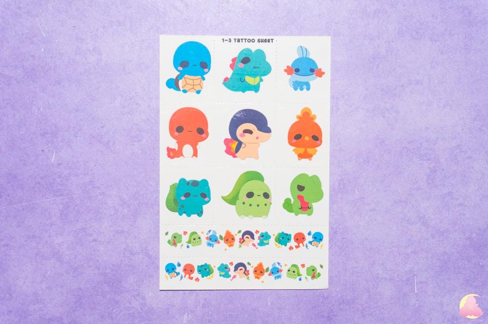 Pokemna Temporarily Tattoo Sheets | Animals Tattoo | Kawaii Cutesy Tattoo | Gamer Tattoo | Aesthetic | Kawaii | Stationary Collection